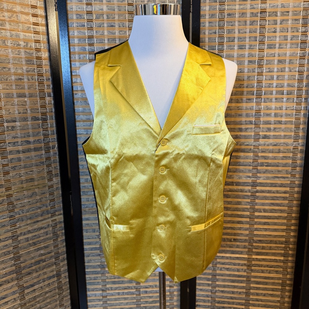 Barry Wang Waistcoat Vest Mens L Gold Satin Formal Wedding Party Dapper